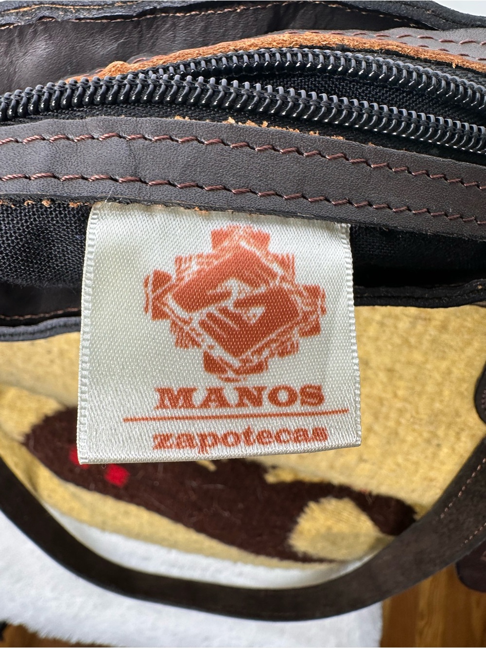 Manos Zapotecas Handwoven Yellow Horse Motif Tote Bag with Brown Leather Trim - Picture 7 of 7